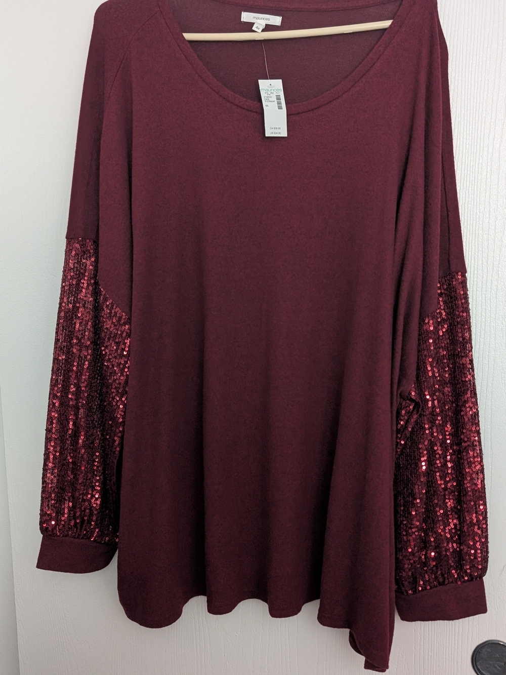 Maurices Burgundy Sequin-Sleeve Long Sleeve Top